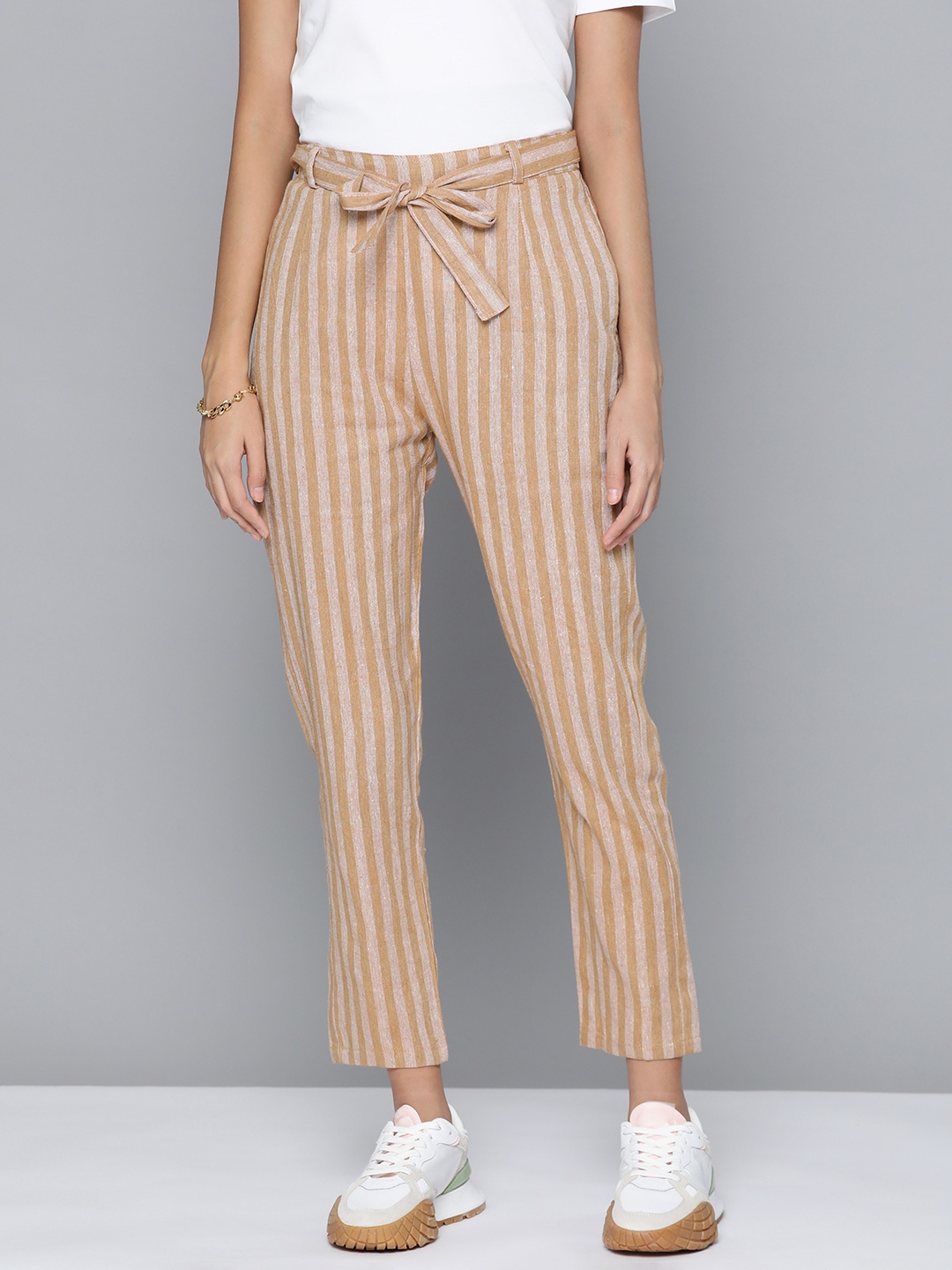 

HERE&NOW Women Striped Cigarette Trousers, Brown
