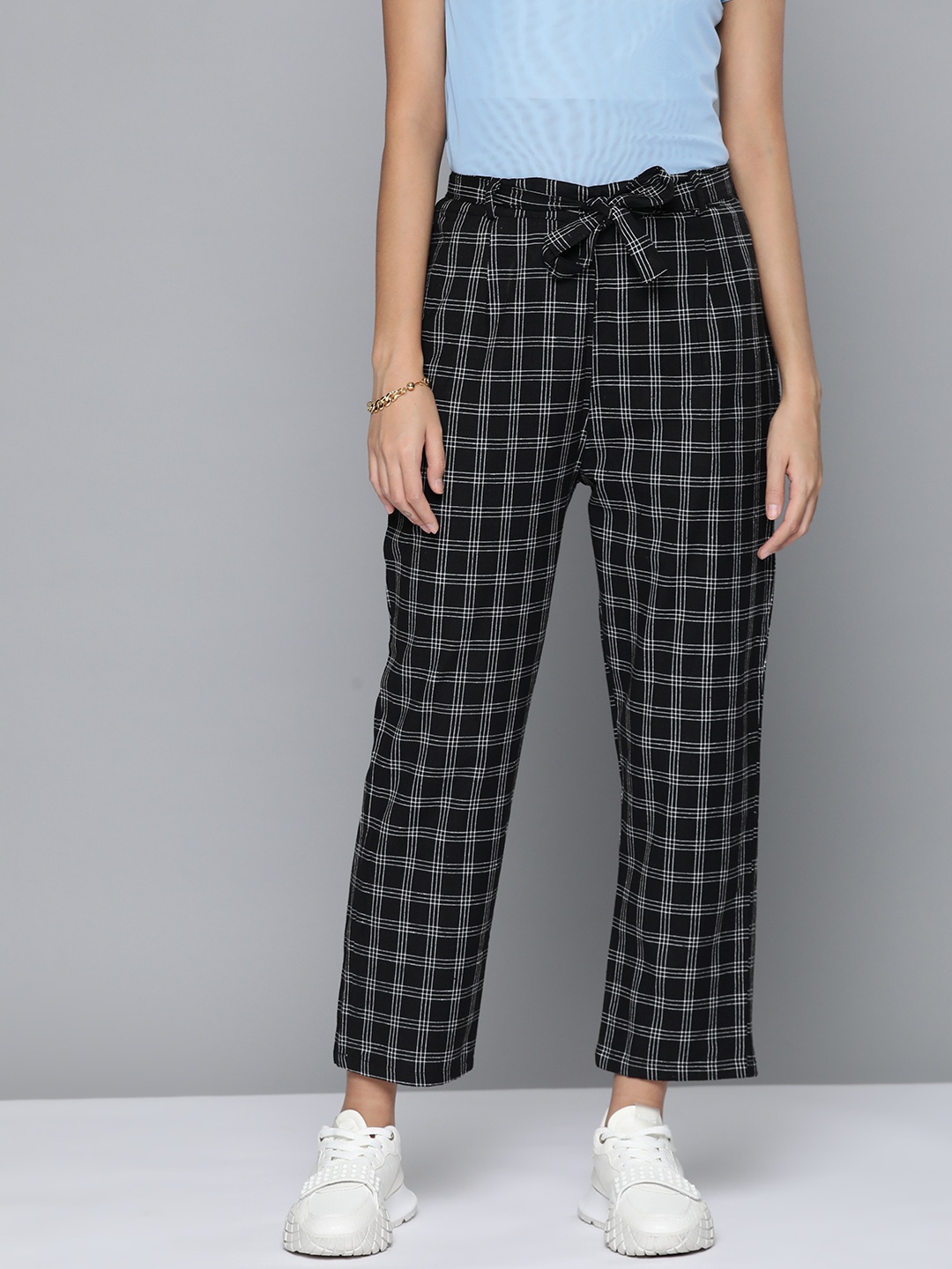 

HERE&NOW Women Checked Cigarette Trousers, Black