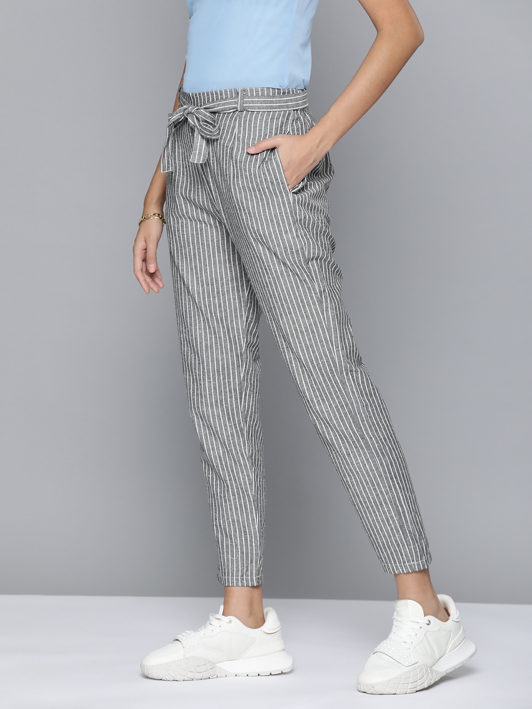 

HERE&NOW Women Striped Cigarette Trousers, Grey