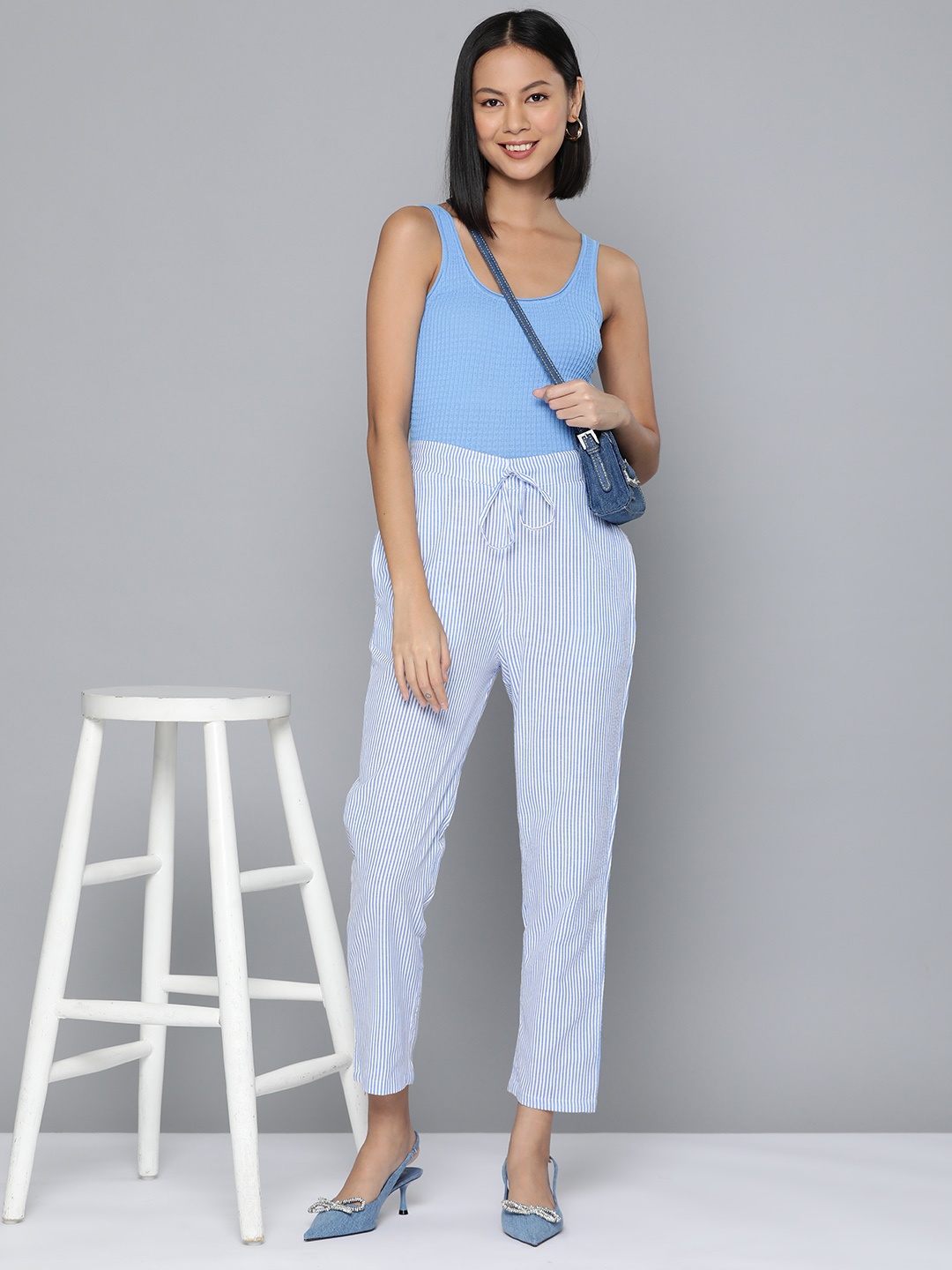 

HERE&NOW Women Striped Cigarette Trousers, Blue