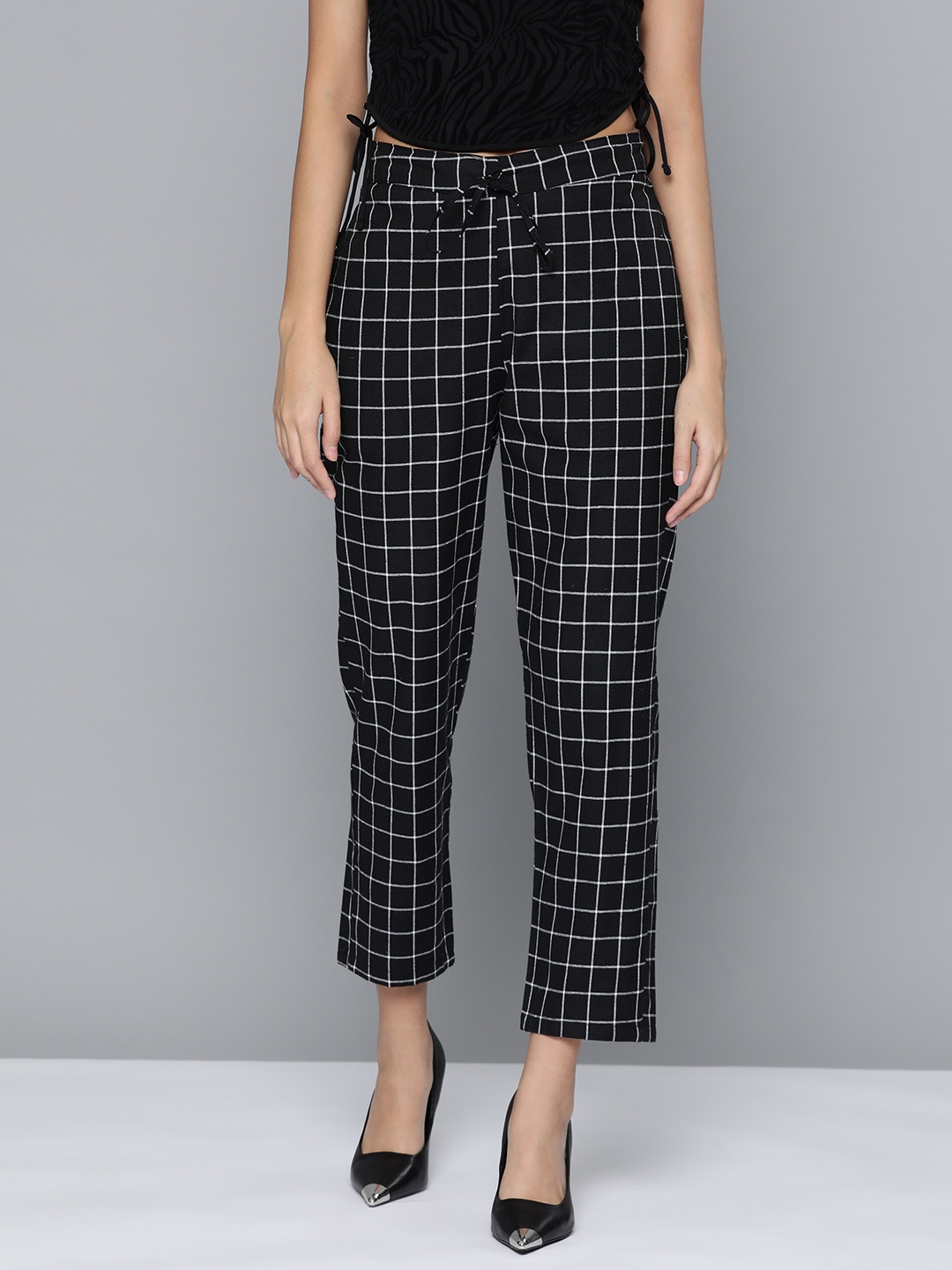 

HERE&NOW Women Checked Cigarette Trousers, Black