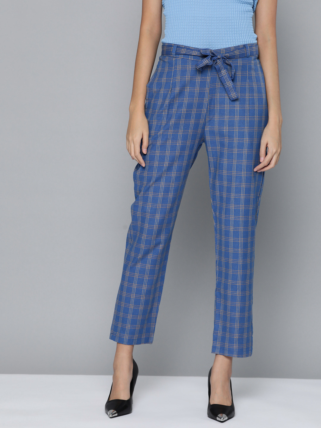 

HERE&NOW Women Checked Cigarette Trousers, Blue