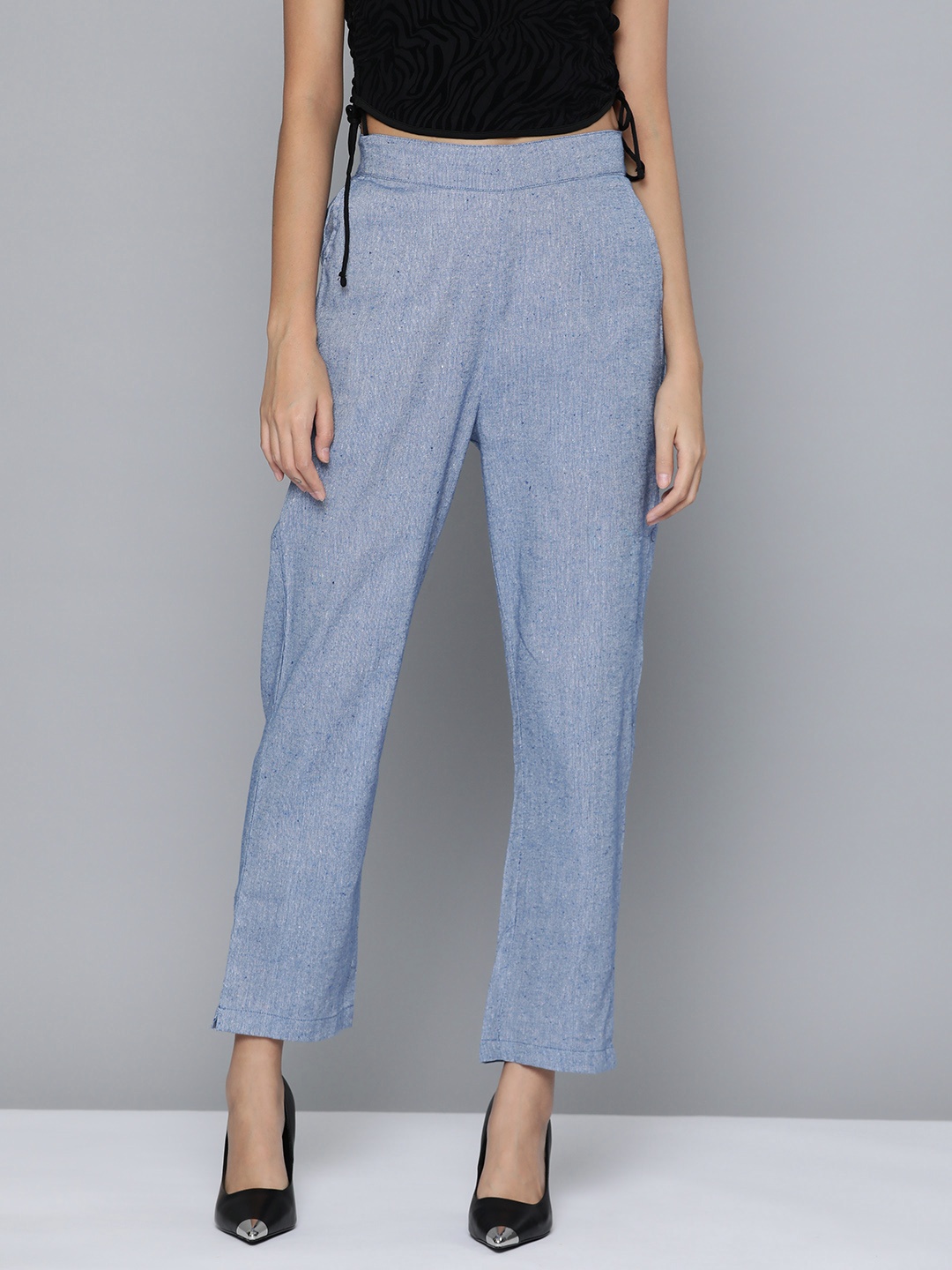 

HERE&NOW Women Regular Fit Cigarette Trousers, Blue