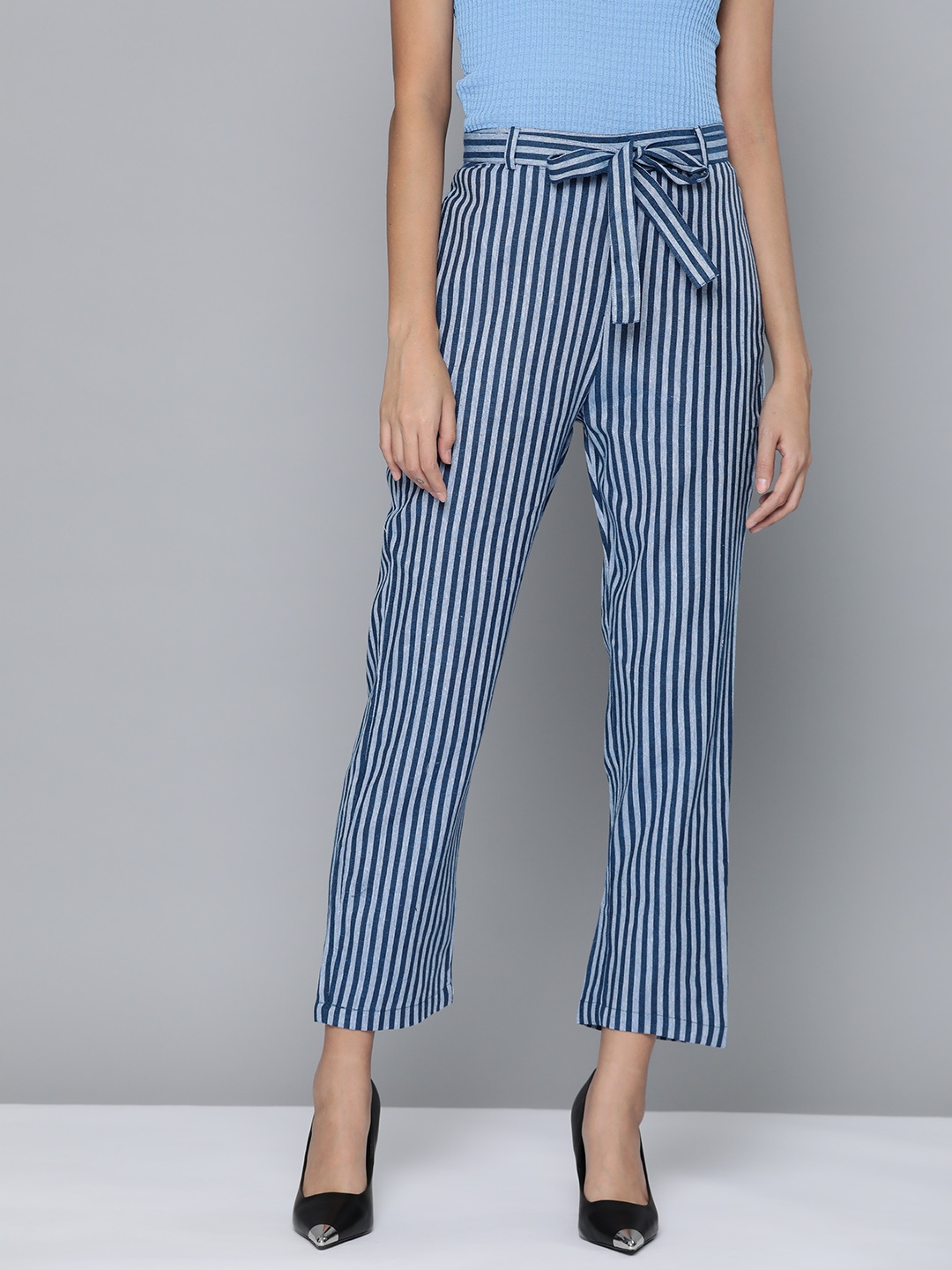

HERE&NOW Women Striped Cigarette Trousers, Navy blue