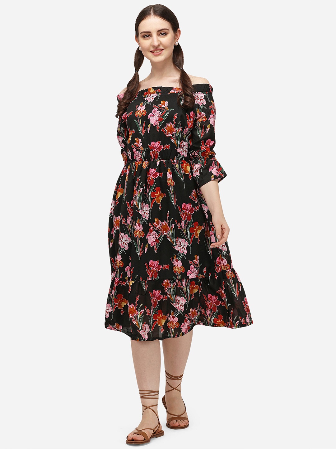

KALINI Floral Print Off Shoulder Bell Sleeve Georgette Fit & Flare Dress, Black
