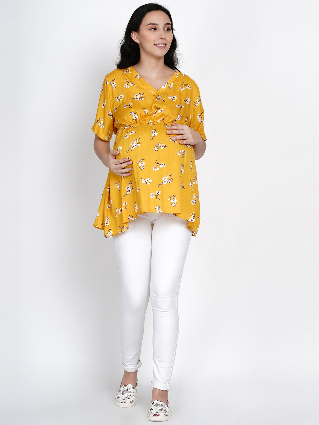 

SIDE KNOT Floral Printed Longline Cinched Waist Maternity Top, Yellow