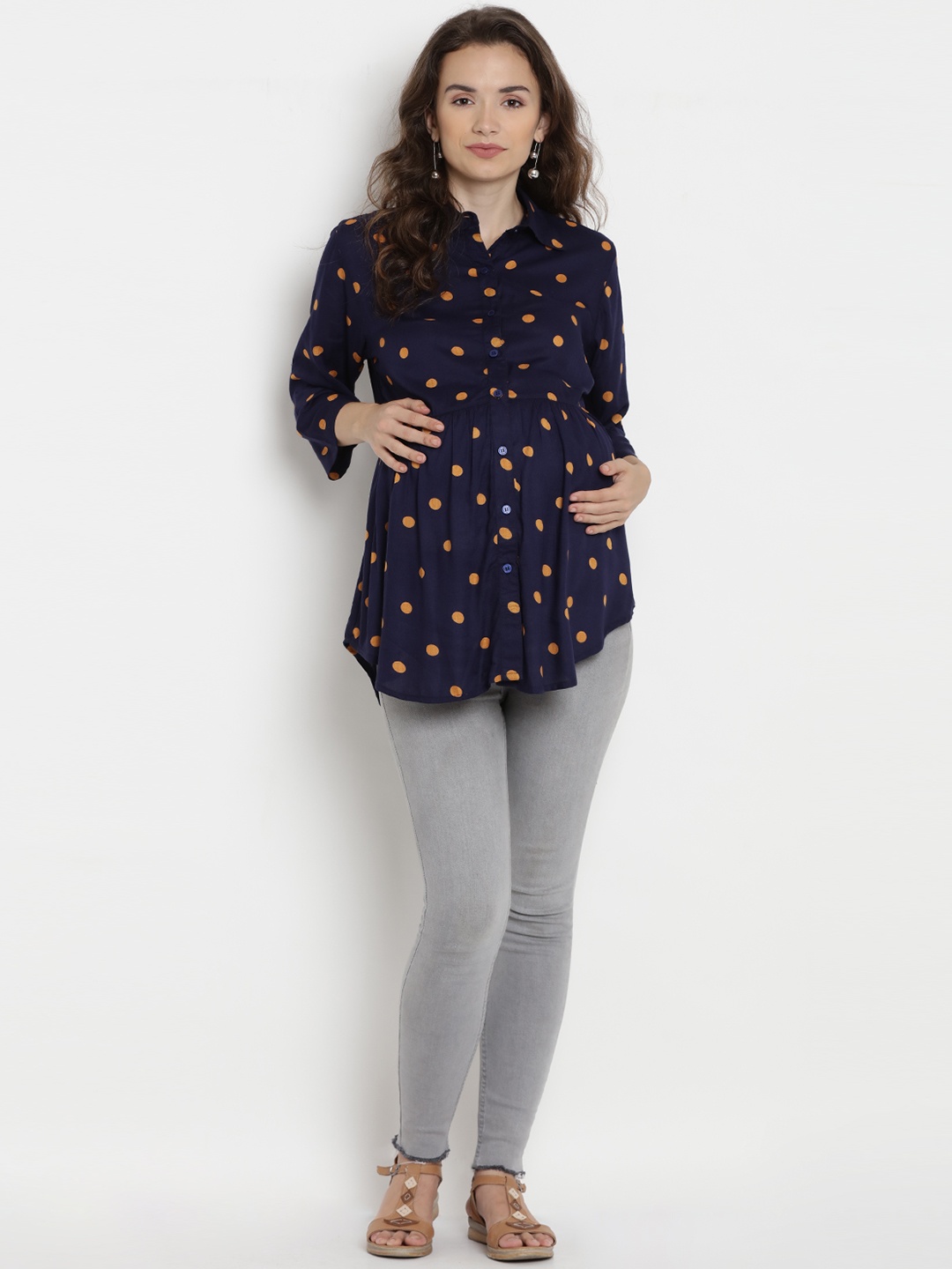 

SIDE KNOT Polka Dots Printed Shirt Style Longline Maternity Top, Navy blue