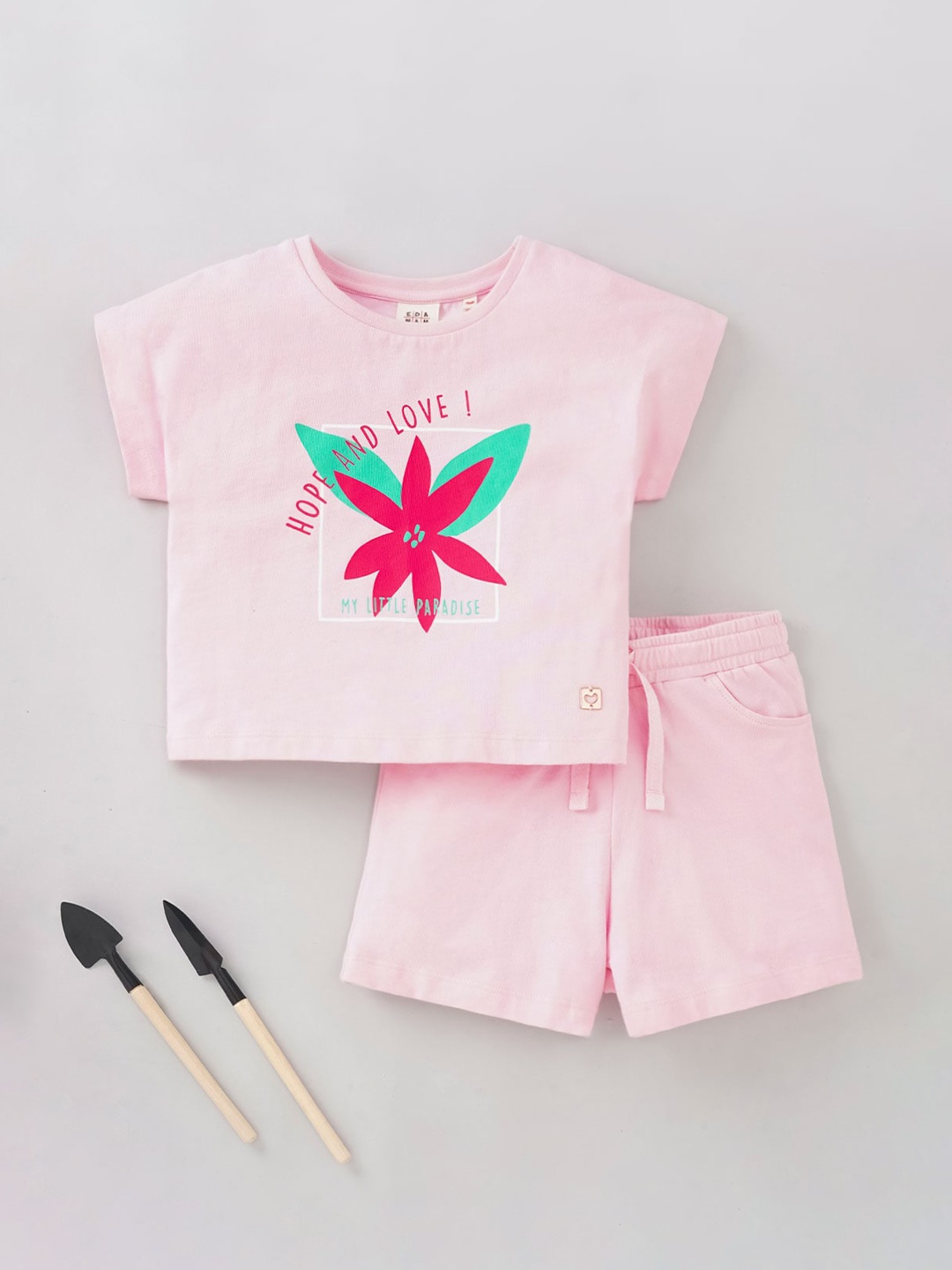 

Ed-a-Mamma Girls Printed Pure Cotton T-shirt with Shorts, Pink
