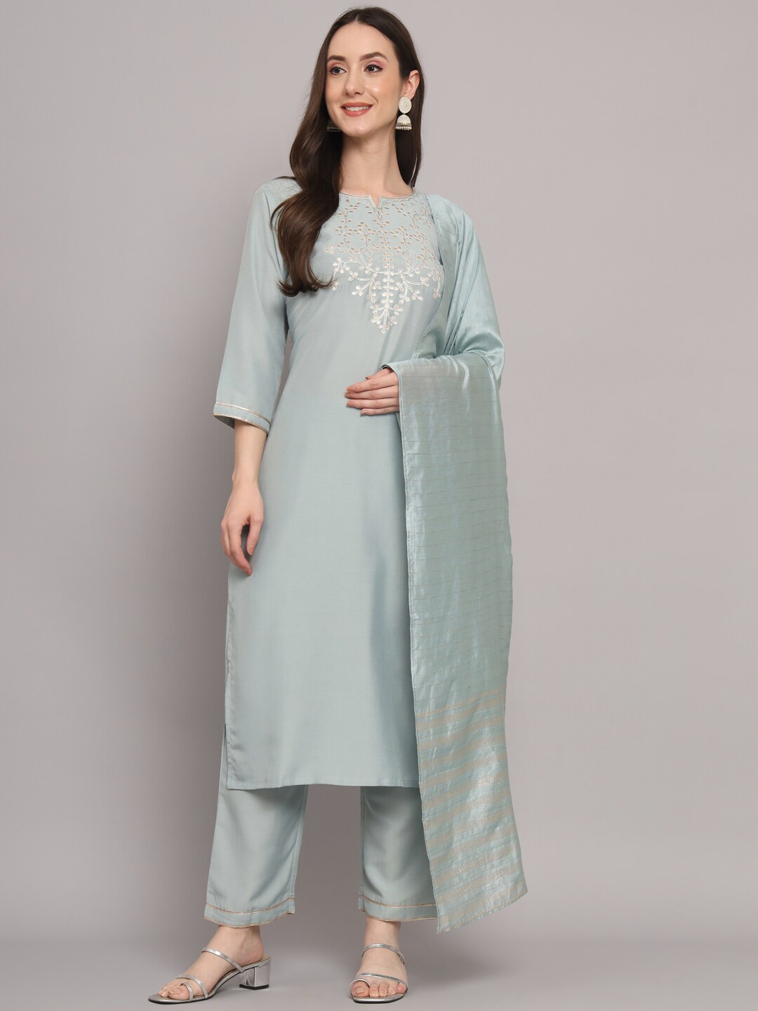 

Myshka Floral Yoke Design Pure Silk Kurta with Trousers & Dupatta, Grey