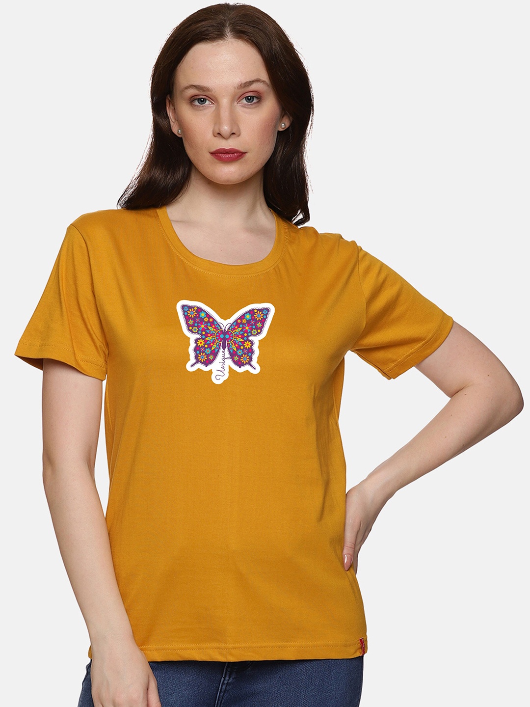 

NOT YET by us Graphic Printed Round Neck Cotton T-Shirt, Mustard