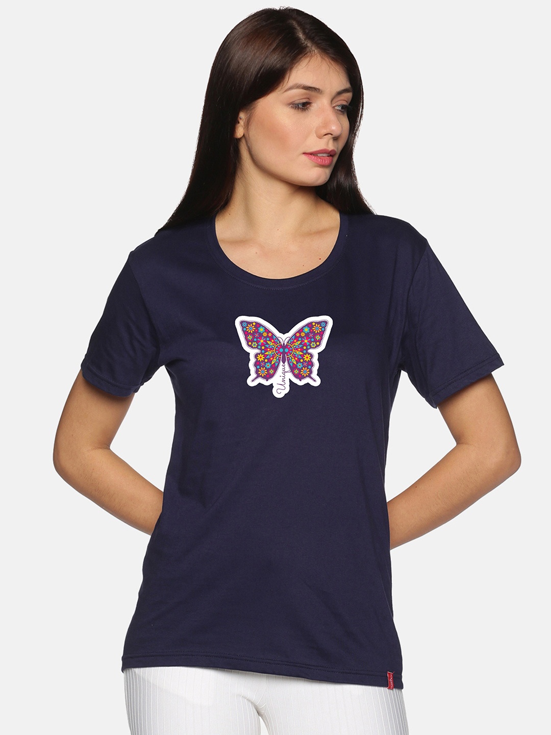 

NOT YET by us Graphic Printed Round Neck Cotton T-Shirt, Navy blue