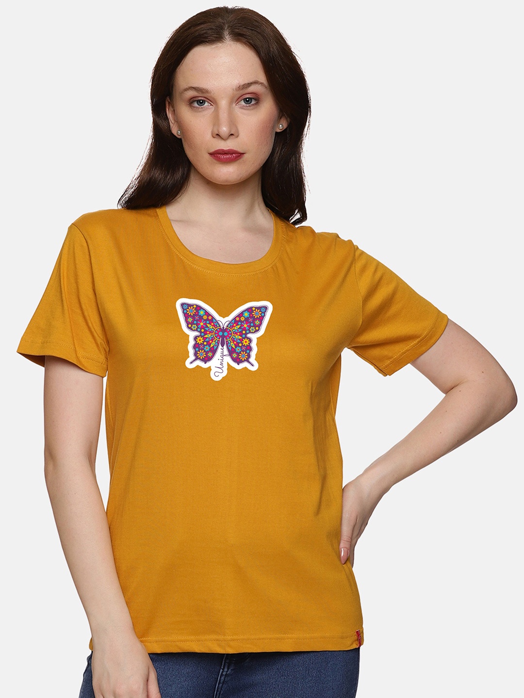 

NOT YET by us Graphic Printed Round Neck Cotton T-Shirt, Mustard