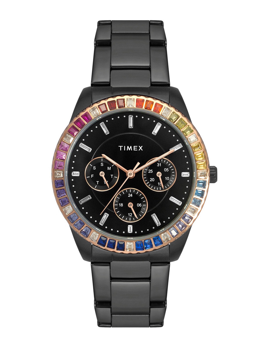 

Timex Women Embellished Dial & Stainless Steel Bracelet Style Straps Analogue Multi Function Watch, Black
