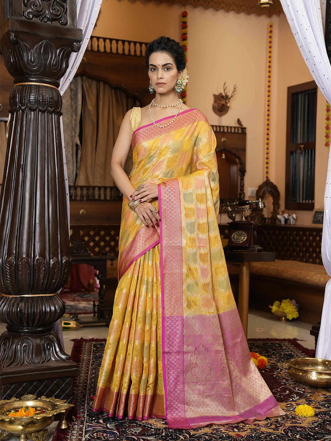 

elora Ethnic Motif Woven Design Bhagalpuri Saree, Yellow