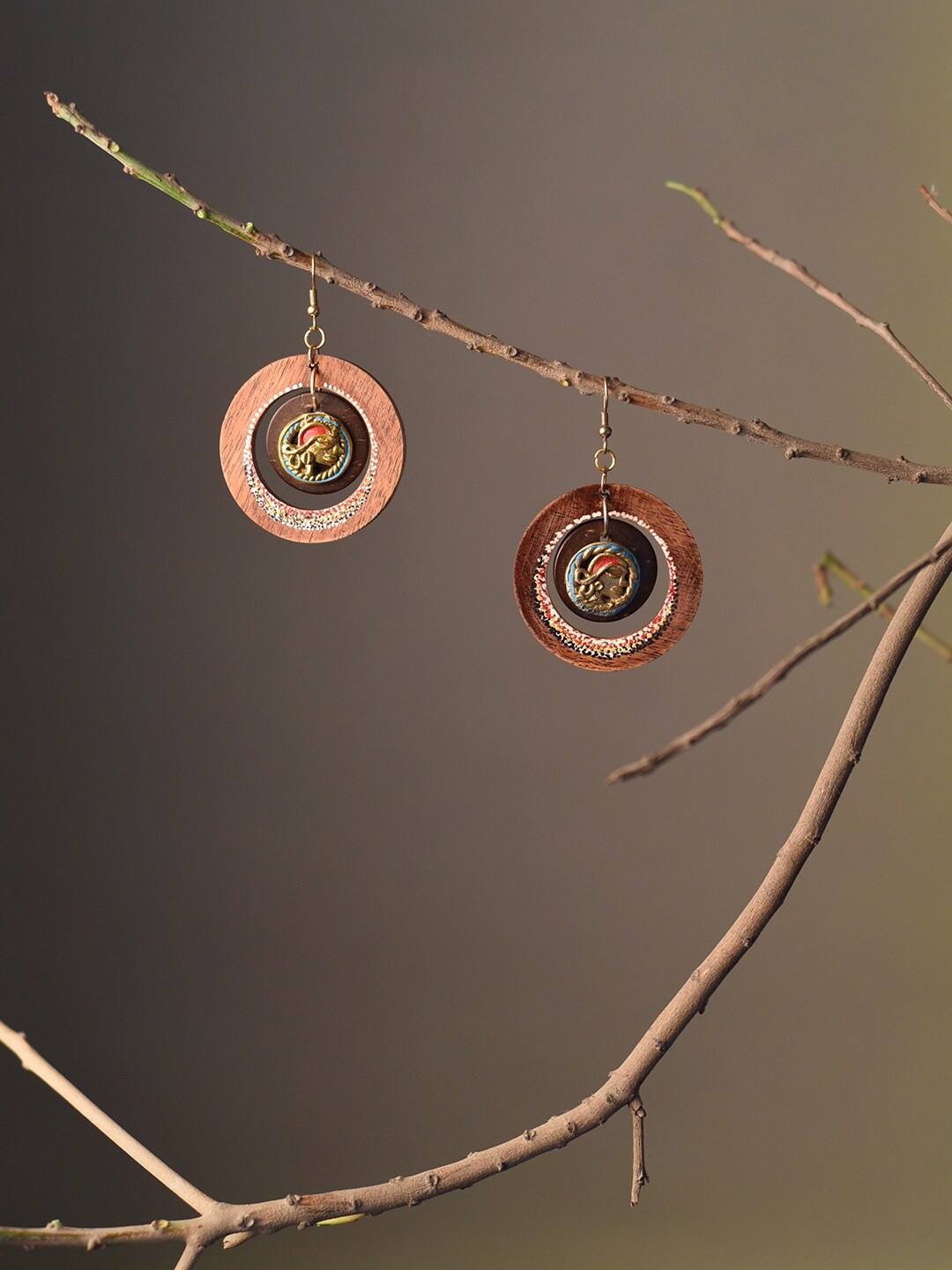 AAKRITI ART CREATIONS Brass-Plated Circular Wooden Drop Earrings, Bronze