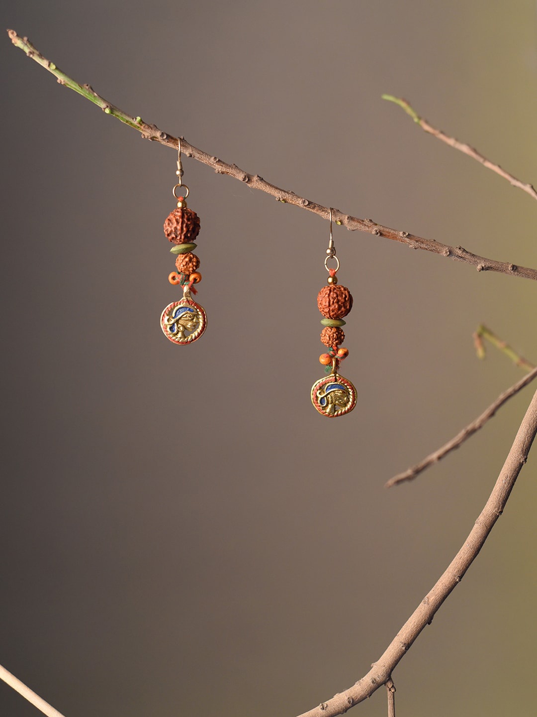 

AAKRITI ART CREATIONS Brass-Plated Rudraksha Drop Earrings, Brown