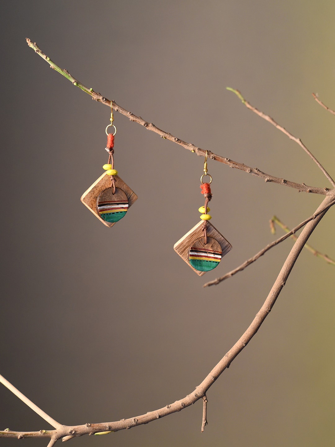 

AAKRITI ART CREATIONS Brass-Plated Wooden Drop Earrings, Brown