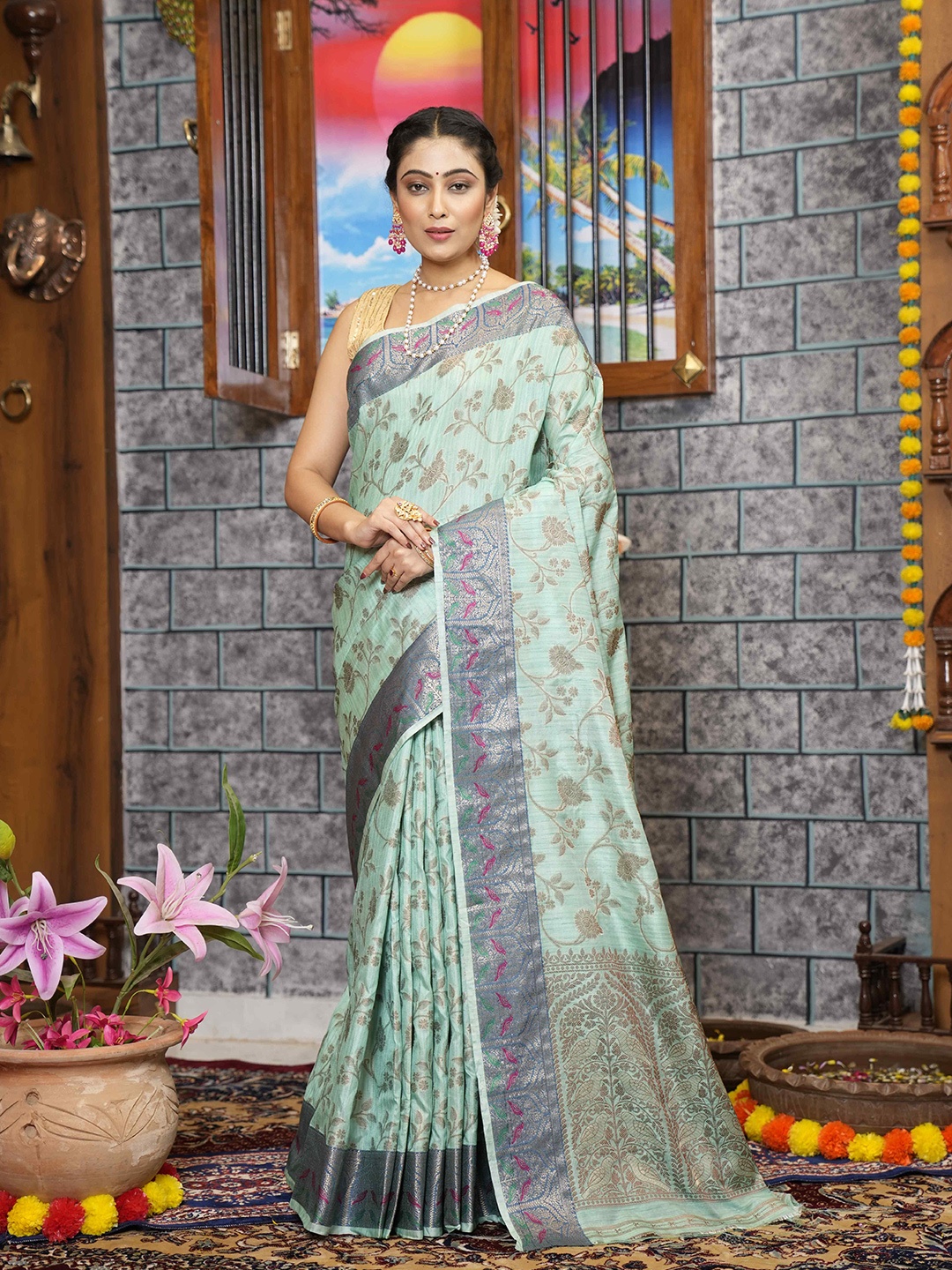 

elora Floral Woven Design Zari Katan Silk Bhagalpuri Saree, Blue