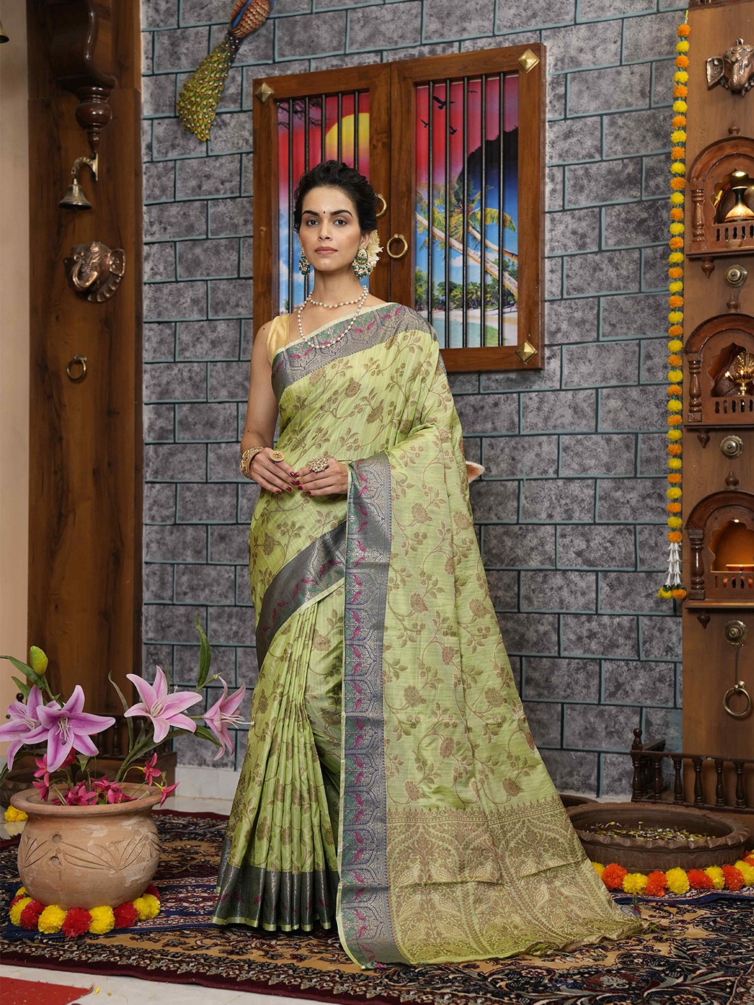 

elora Floral Woven Design Bhagalpuri Saree, Yellow