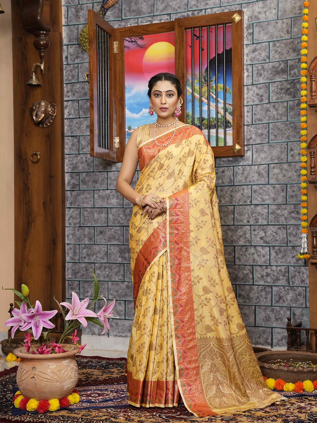 

elora Floral Woven Design Bhagalpuri Saree, Yellow