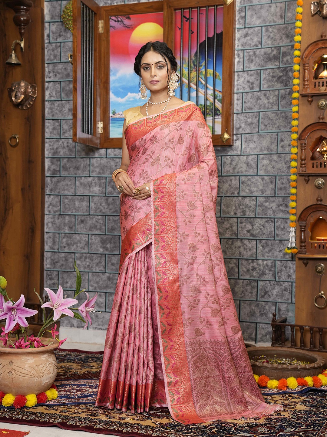 

elora Floral Woven Design Bhagalpuri Saree, Pink