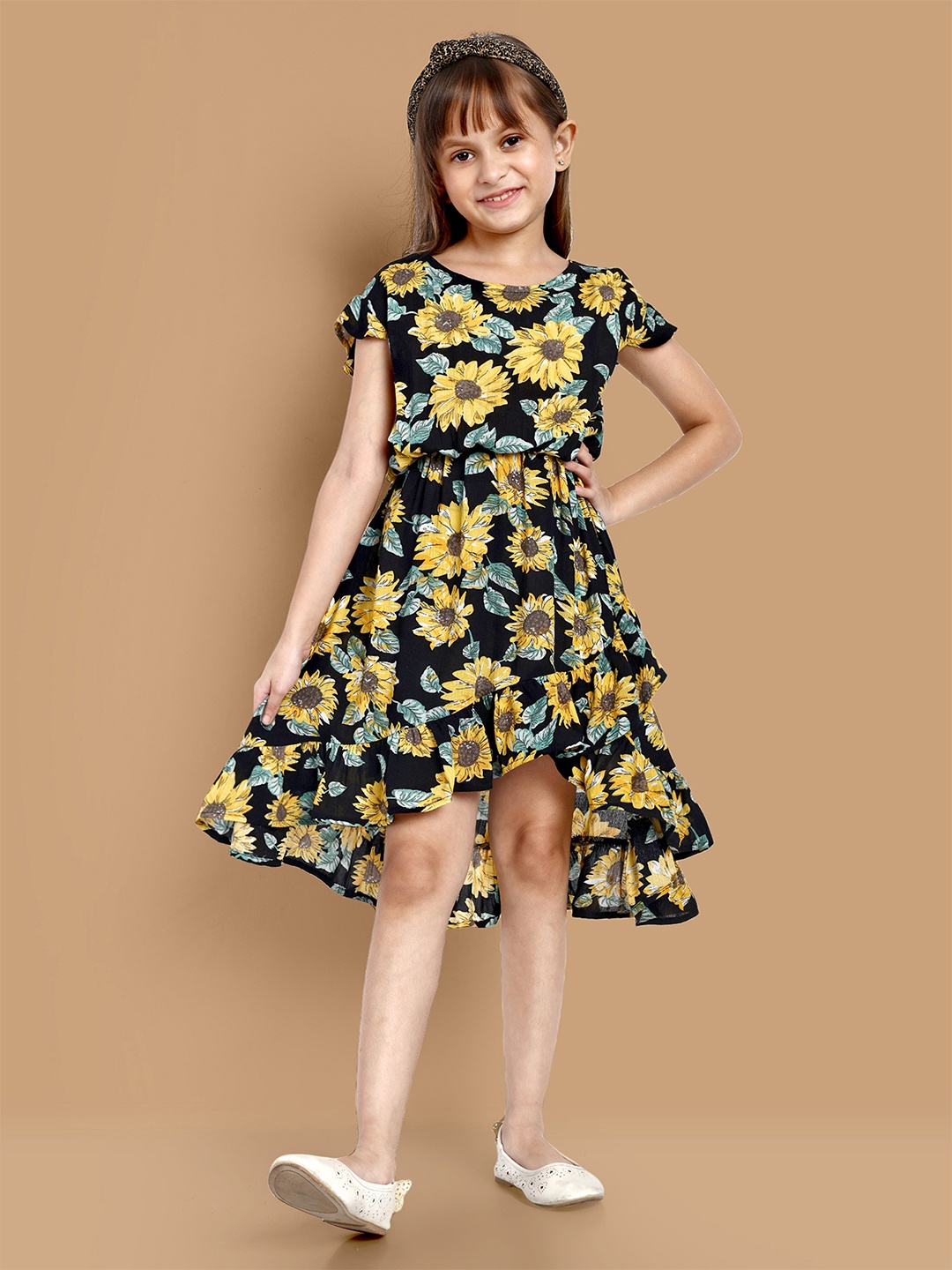 

YK Flutter Sleeves Floral Printed Fit & Flare Dress, Black