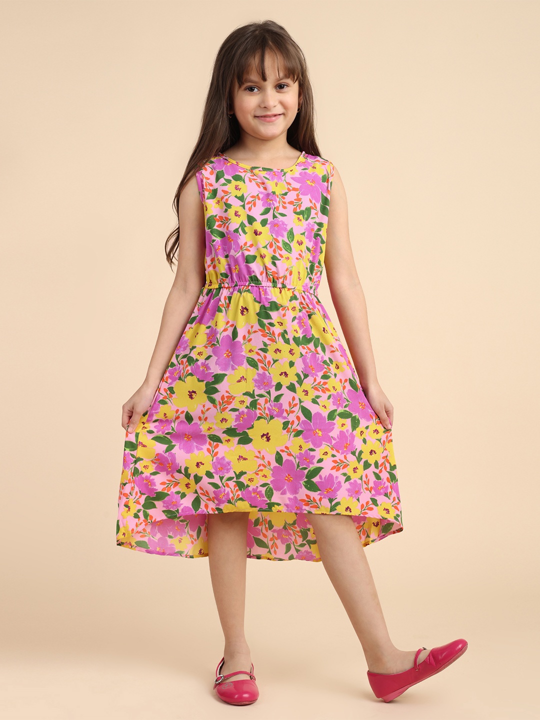 

YK Sleeveless High-Low Floral Printed Fit & Flare Dress, Mustard