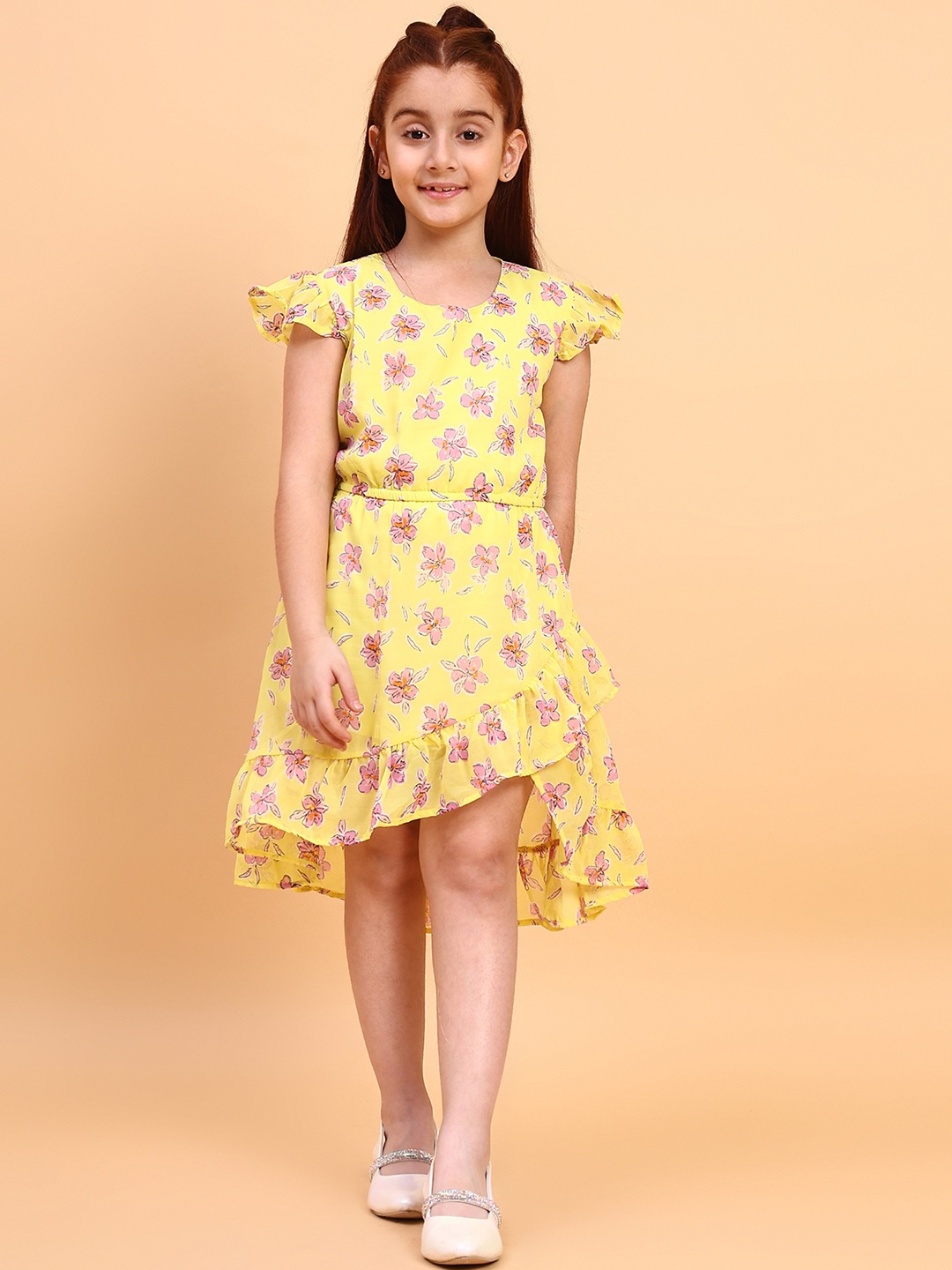 

YK Girls Floral Printed Flutter Sleeves Ruffled Tulip Fit & Flare Dress, Yellow