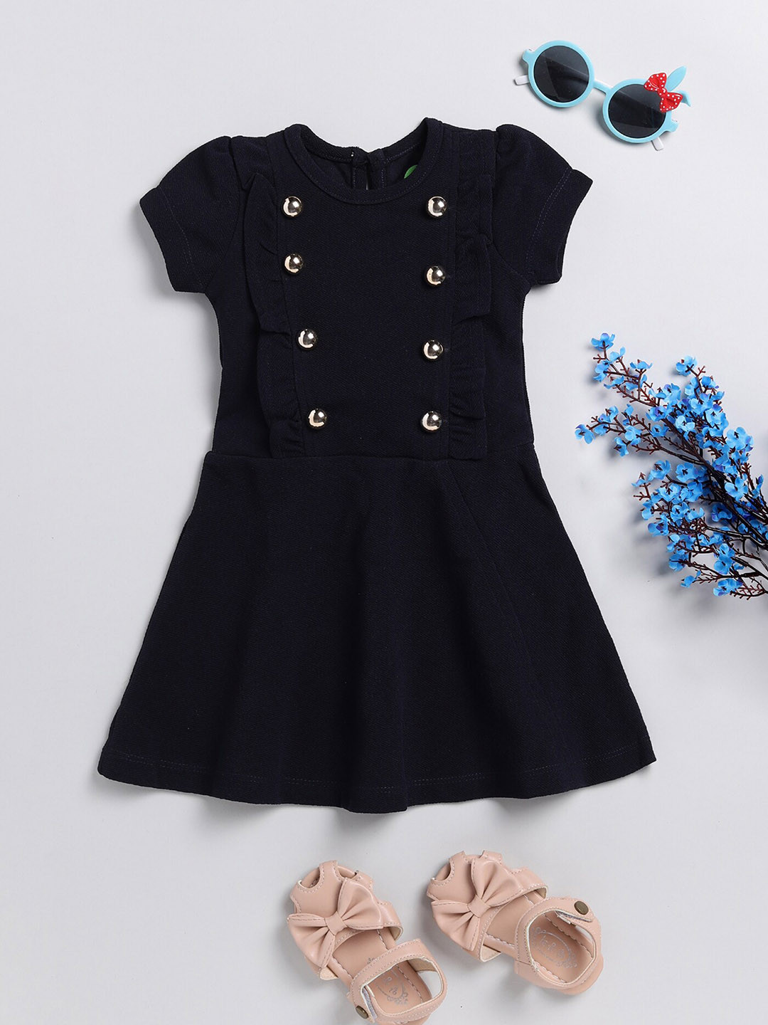 

YK Girls Ruffled Puff Sleeves A-Line Dress, Navy blue