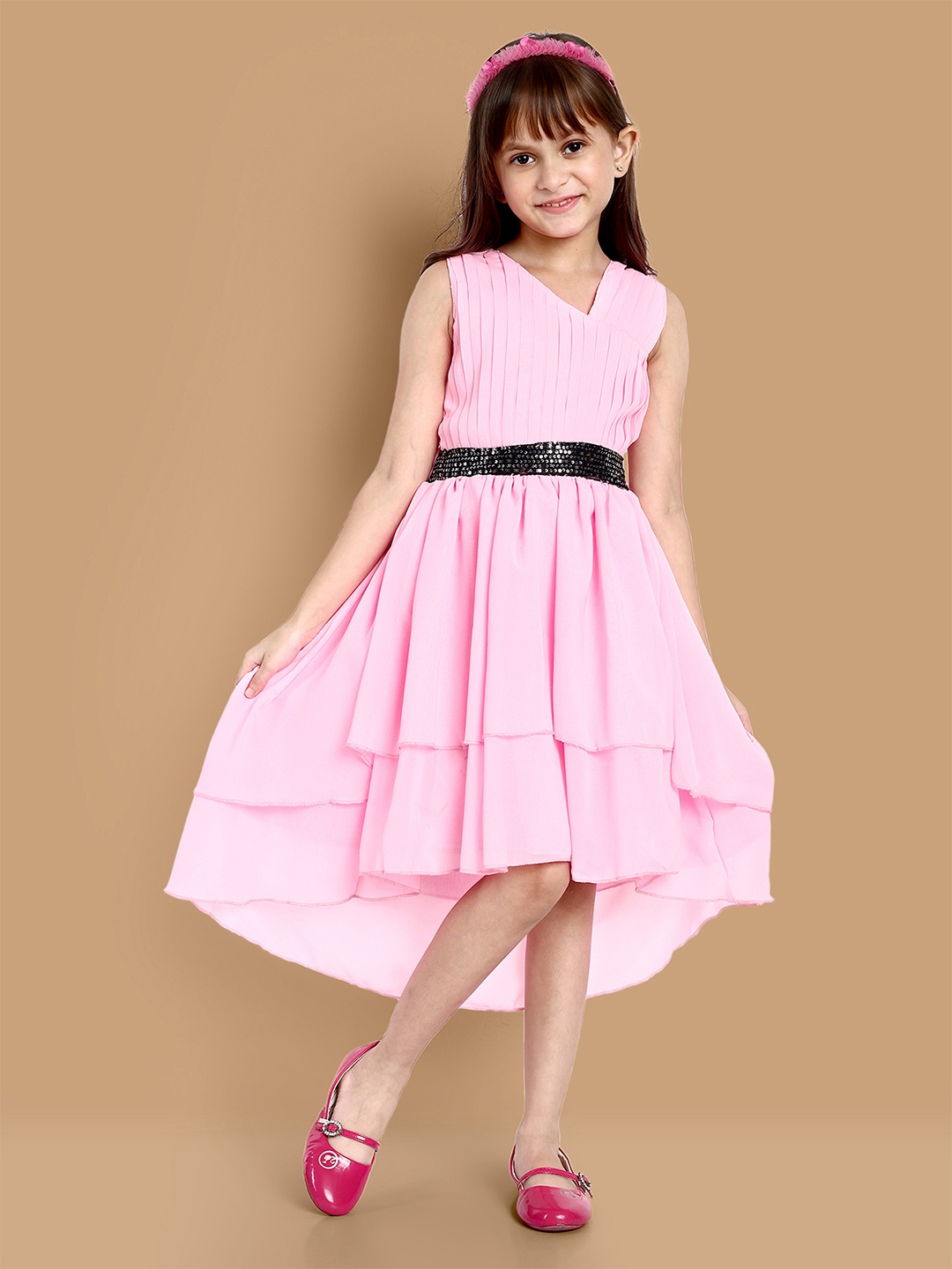 

YK Sleeveless High-Low Sequined Fit & Flare Dress, Pink