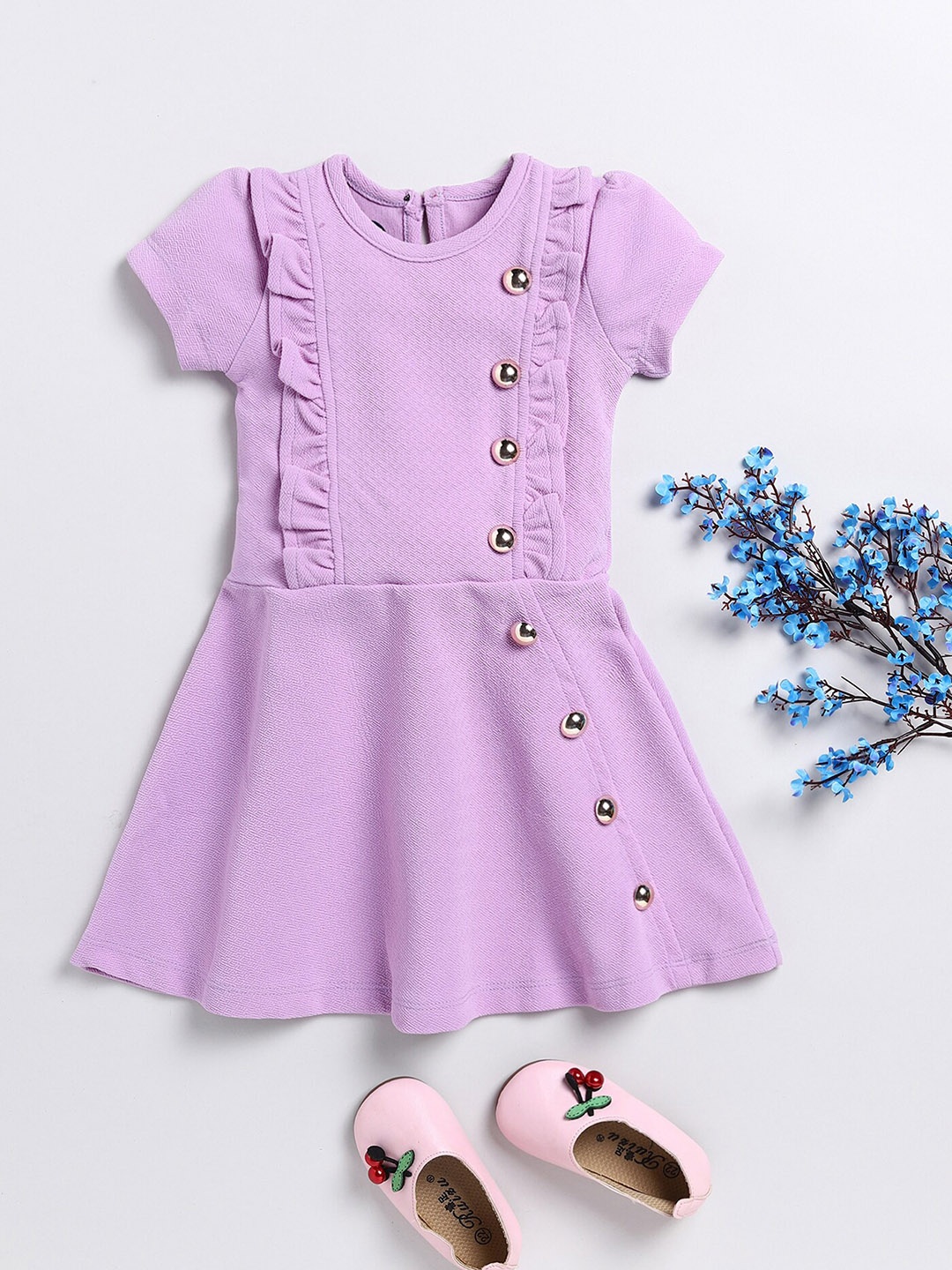 

YK Girls Ruffled Puff Sleeves A-Line Dress, Purple