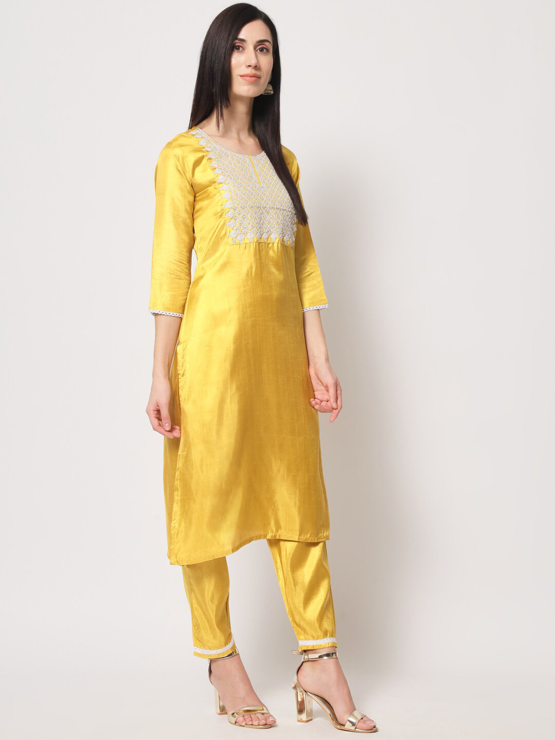 

KALINI Ethnic Motifs Yoke Design Regular Thread Work Kurta With Pyjamas & Dupatta, Yellow