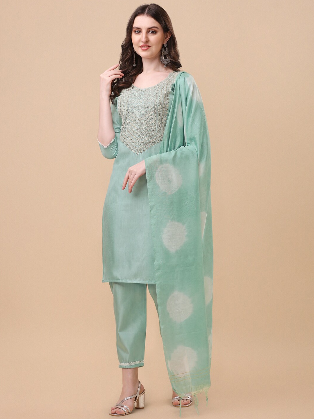 

KALINI Ethnic Motif Yoke Design Thread Work Kurta With Trousers & Dupatta, Sea green