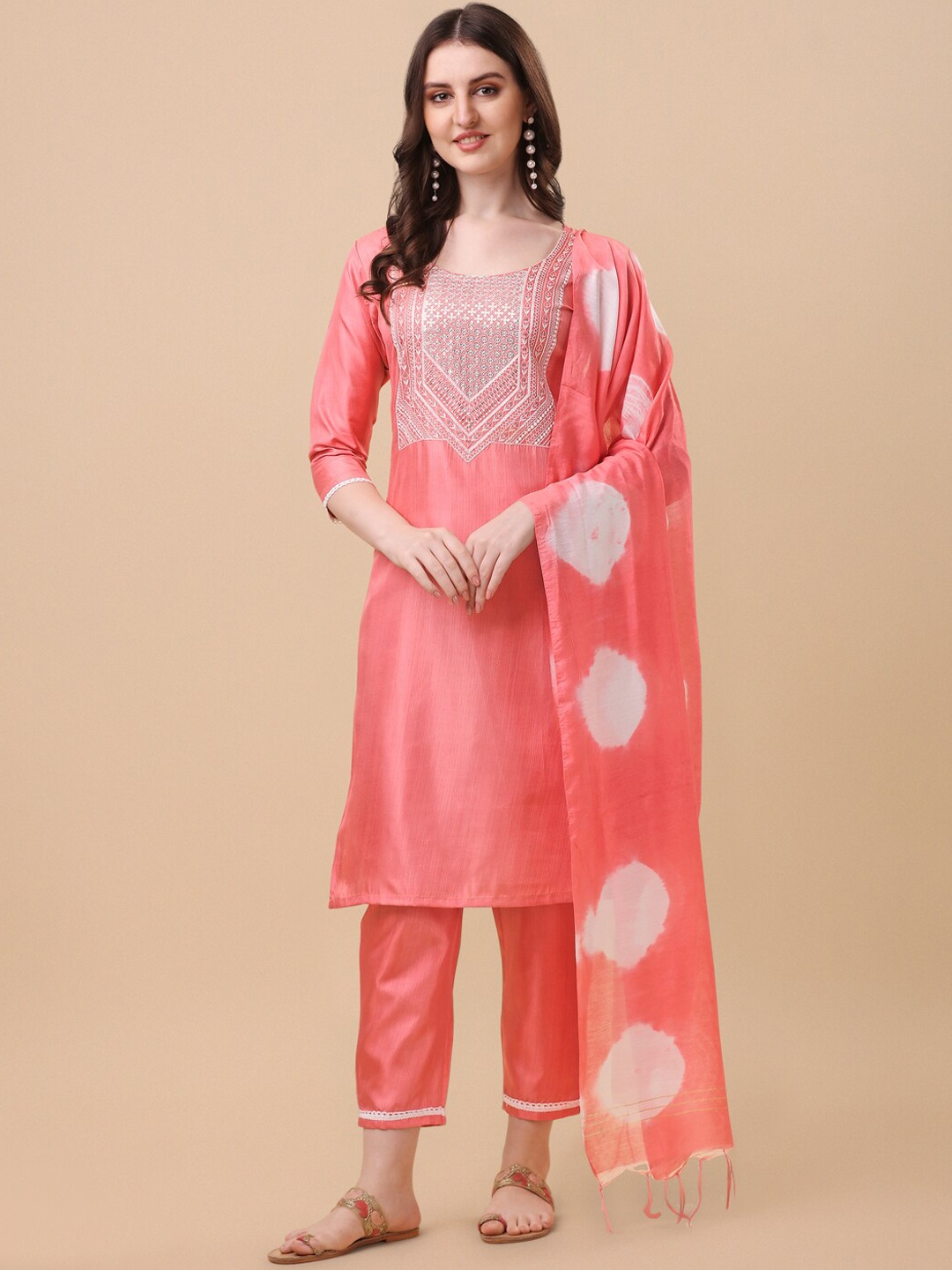 

KALINI Ethnic Motif Yoke Design Thread Work Kurta With Trousers & Dupatta, Peach