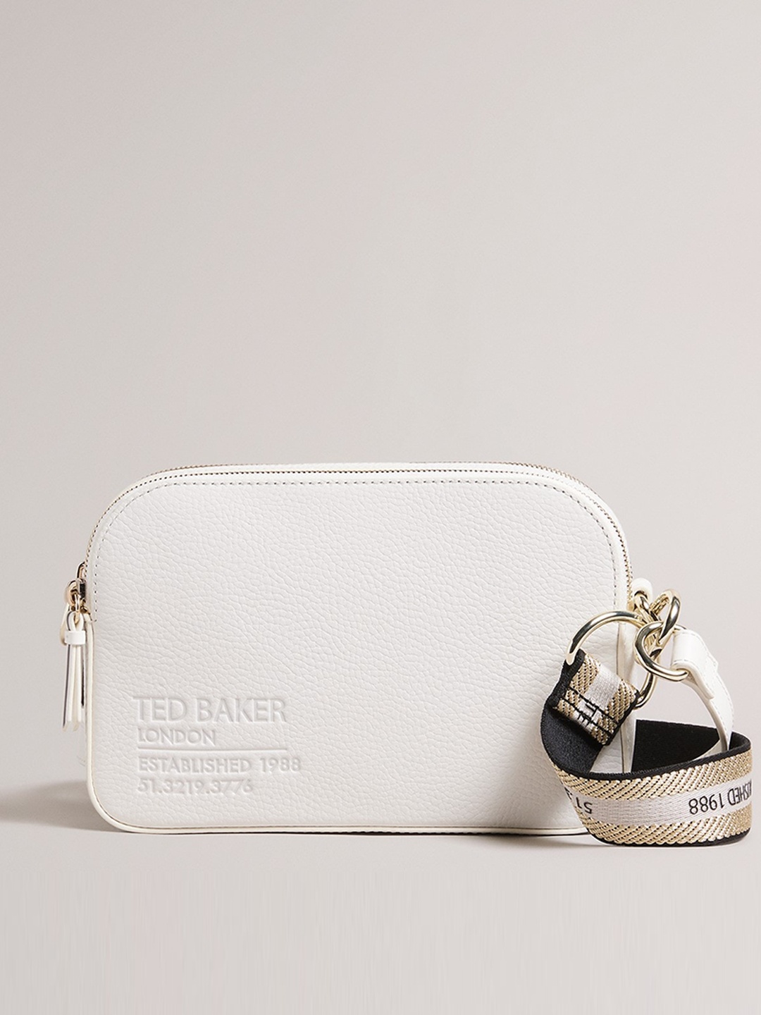 

Ted Baker Cream-Coloured Leather Half Moon Hobo Bag with Tasselled
