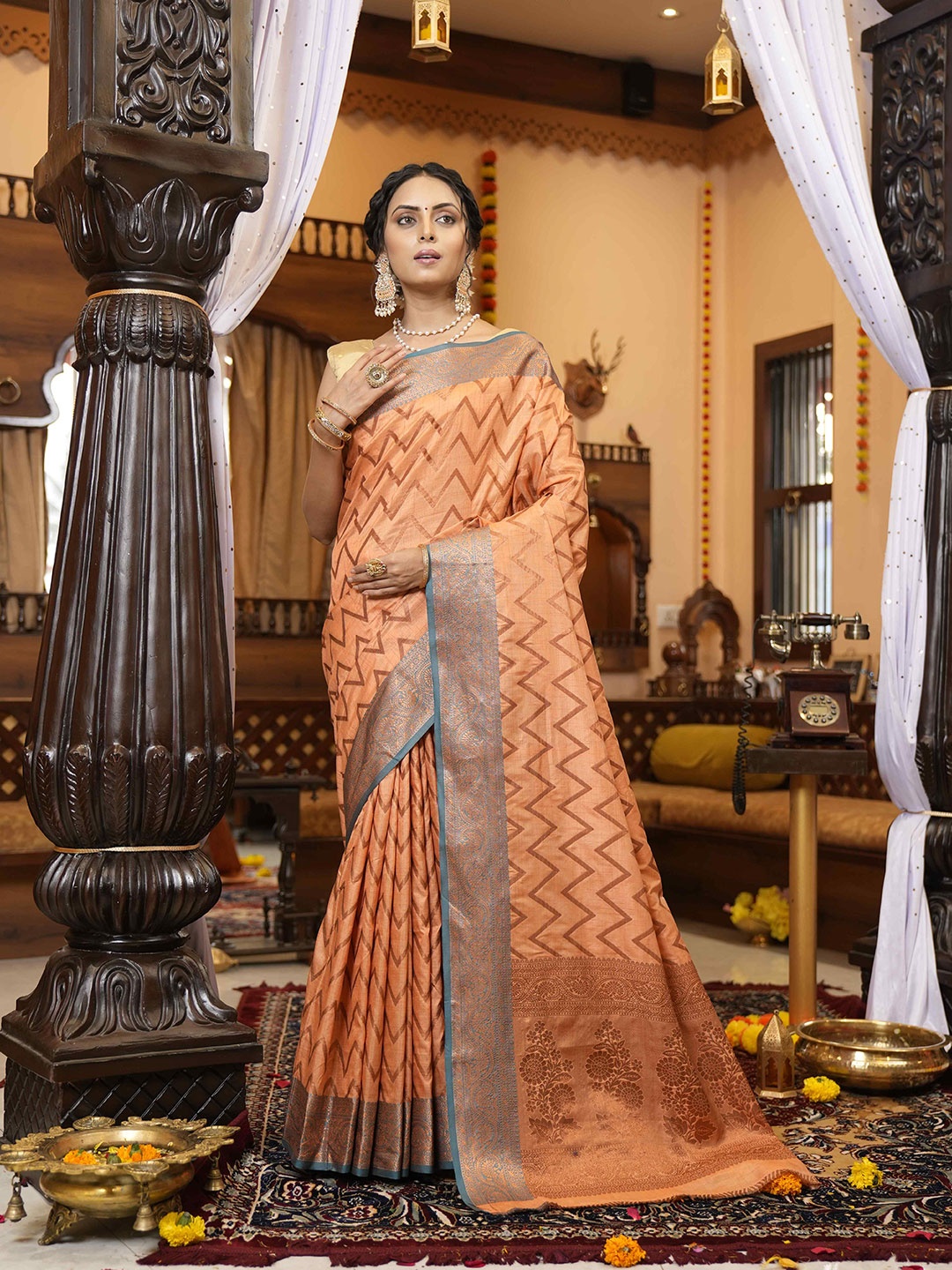 

elora Orange & Blue Woven Design Zari Silk Blend Bhagalpuri Saree