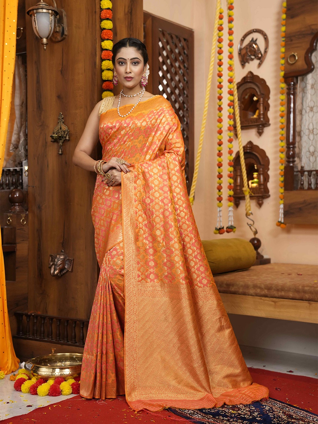 

elora Floral Woven Design Zari Bhagalpuri Saree, Orange