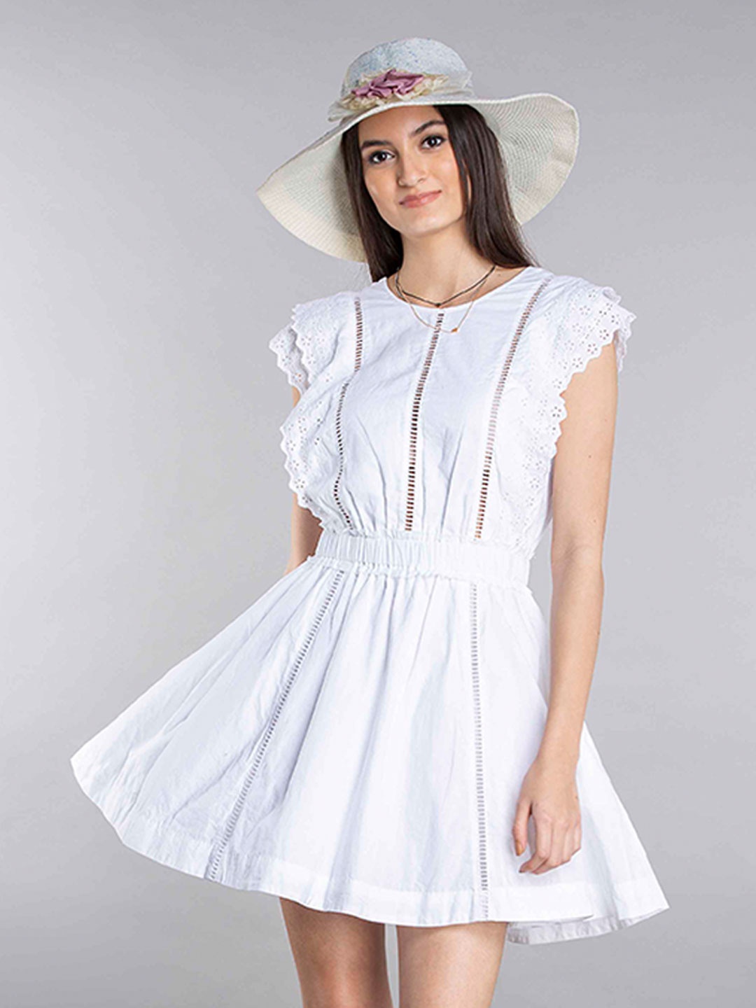 

MKOAL Flutter Sleeves Gathered Self Design Fit & Flare Pure Cotton Dress, White