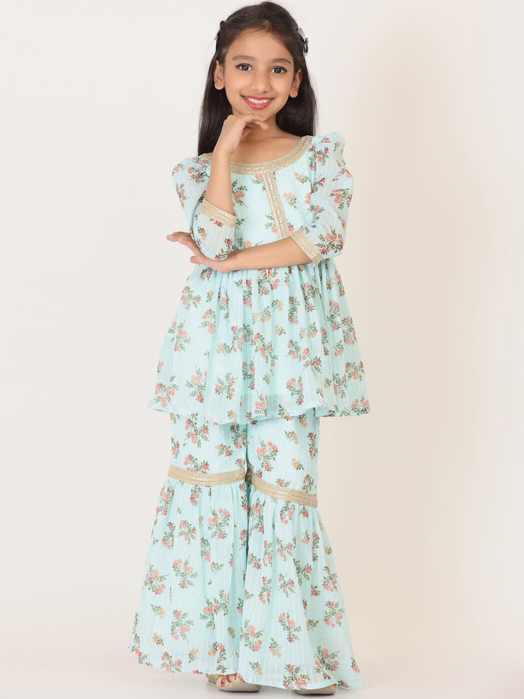 

Ethnovog Girls Floral Printed Gotta Patti Kurti With Sharara, Sea green