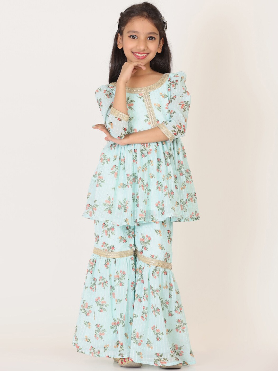 

Ethnovog Girls Floral Printed Gotta Patti Kurti With Sharara, Sea green