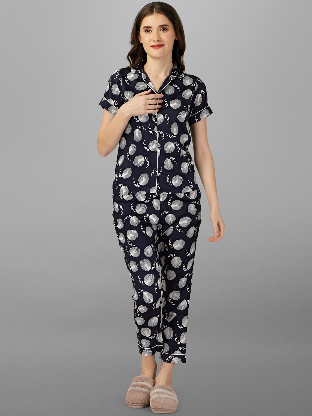

Fbella Conversational Printed Satin Night Suit, Navy blue