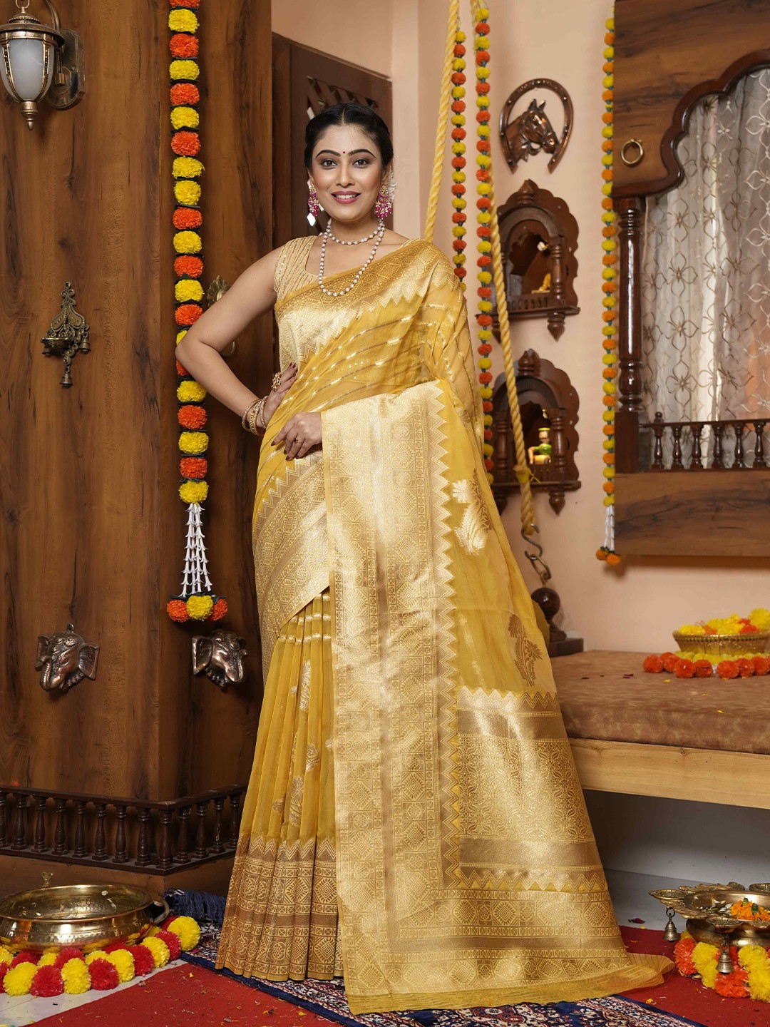

elora Yellow & Gold-Toned Woven Design Zari Organza Bhagalpuri Saree