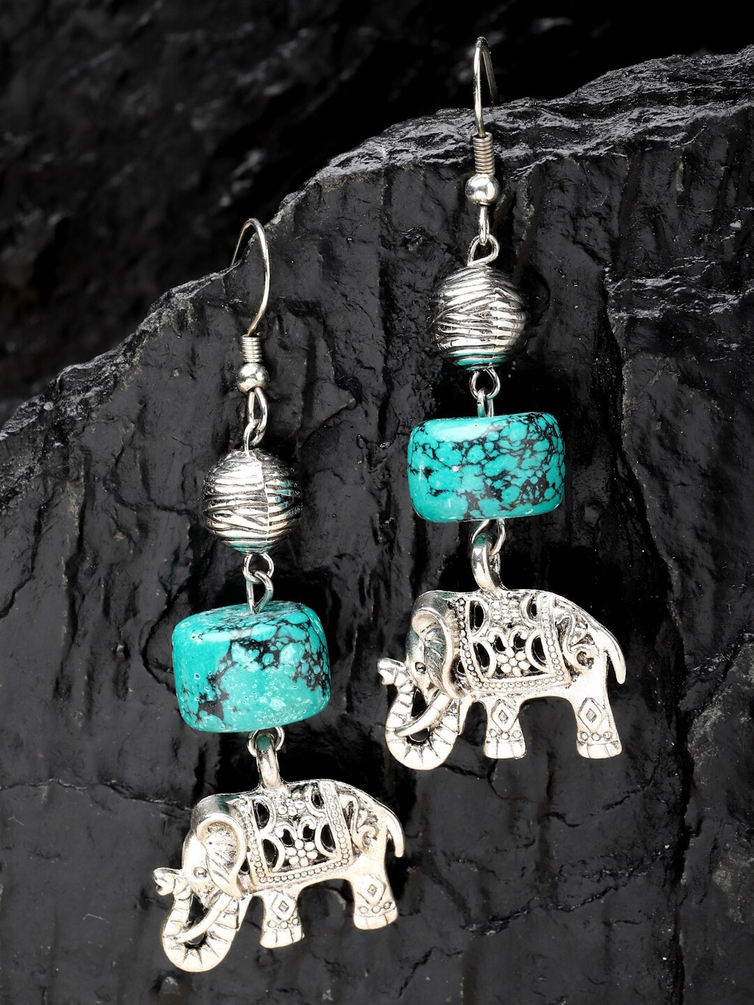 

PANASH Silver-Plated Elephant Shaped Oxidized Drop Earrings