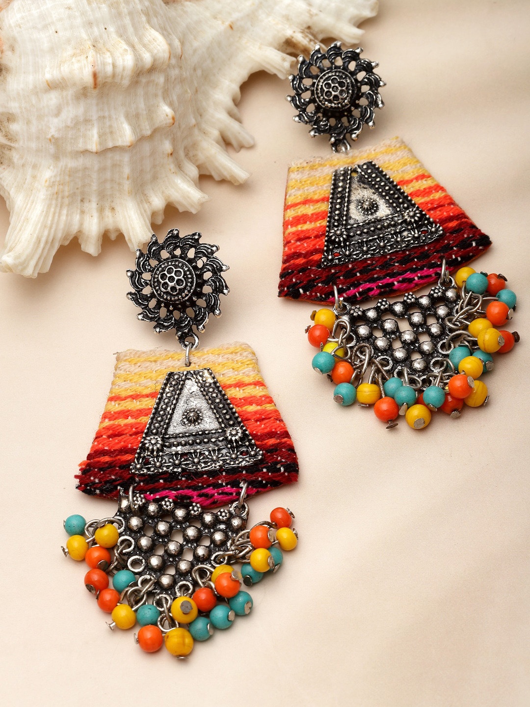 

PANASH Silver-Plated Oxidized Contemporary Tasselled Drop Earrings