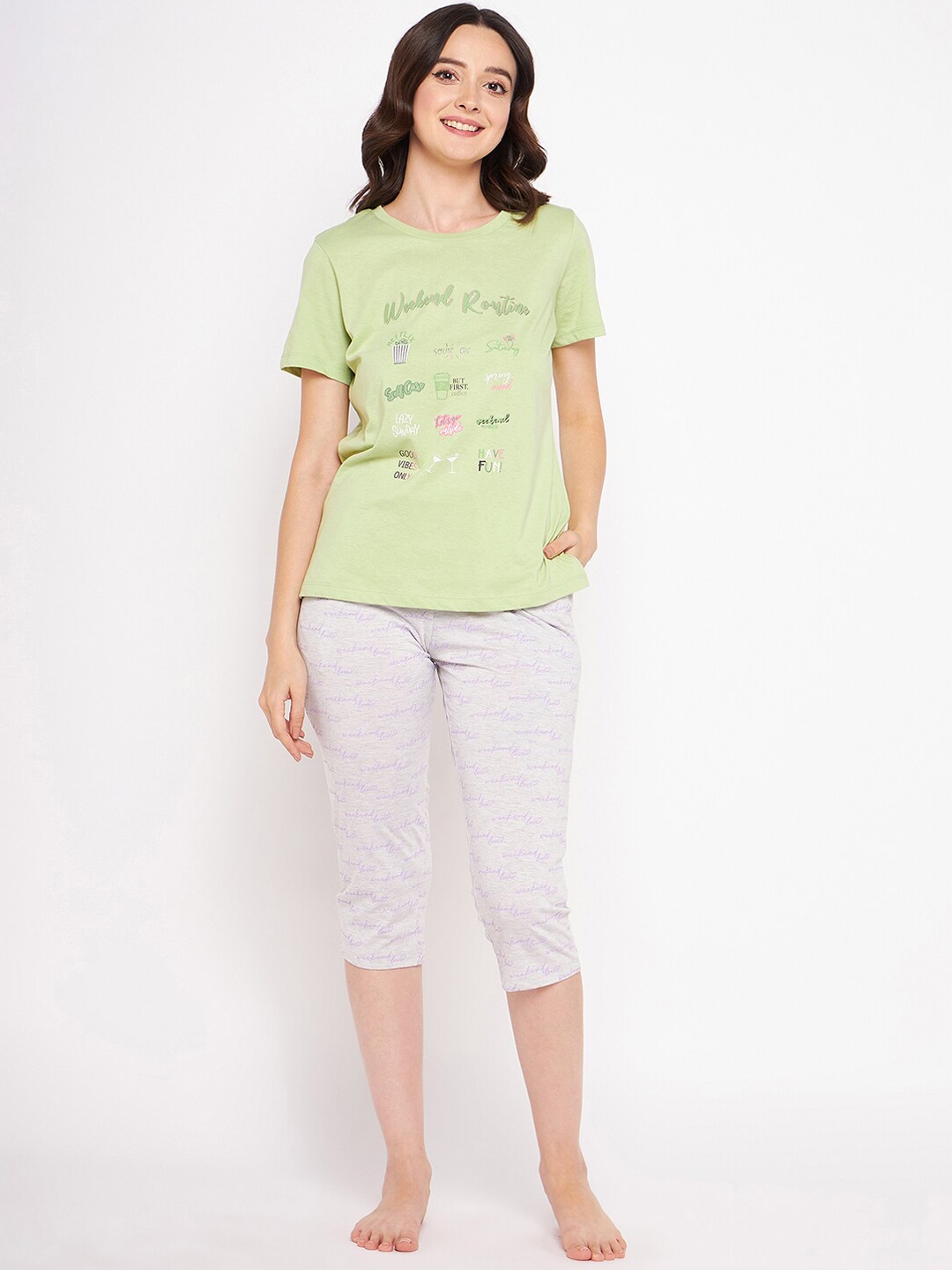 

MADAME M SECRET Typography Printed Pure Cotton Night Suit, Lime green