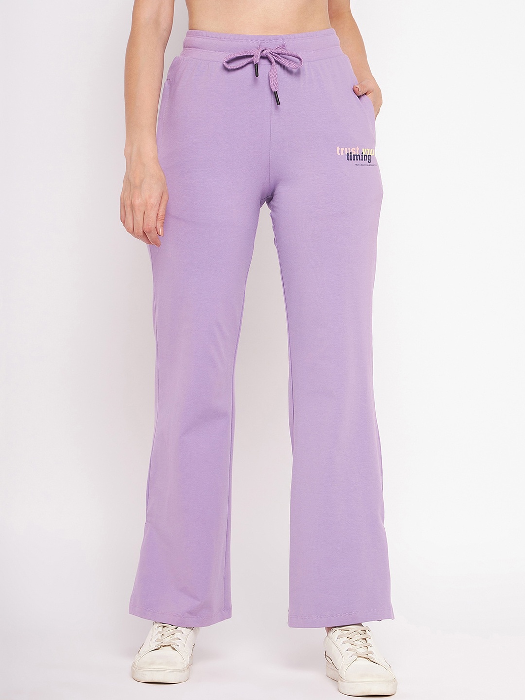 

MADAME M SECRET Women Typography Printed Cotton Track Pants, Lavender