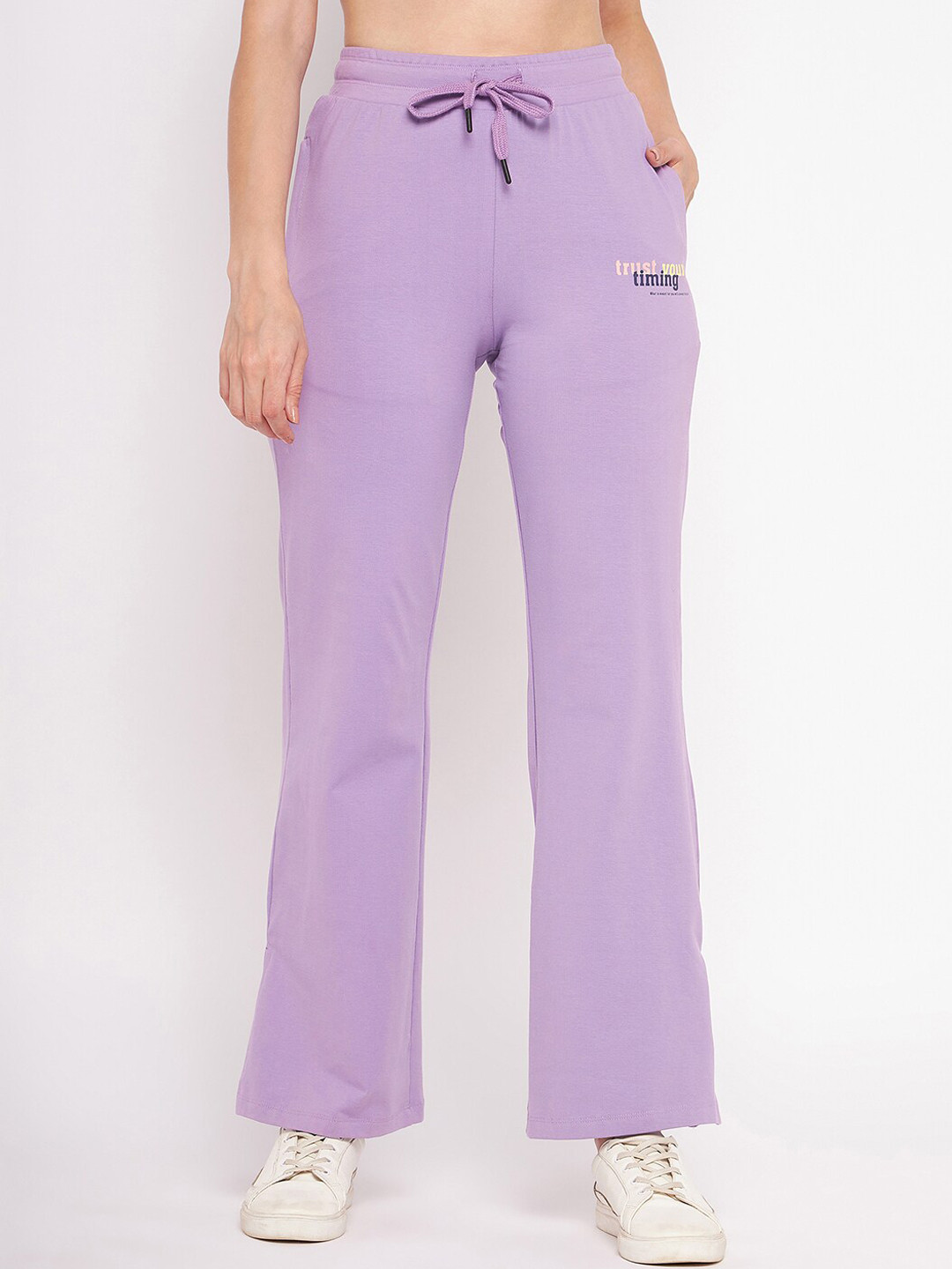 

MADAME M SECRET Women Typography Printed Cotton Track Pants, Lavender