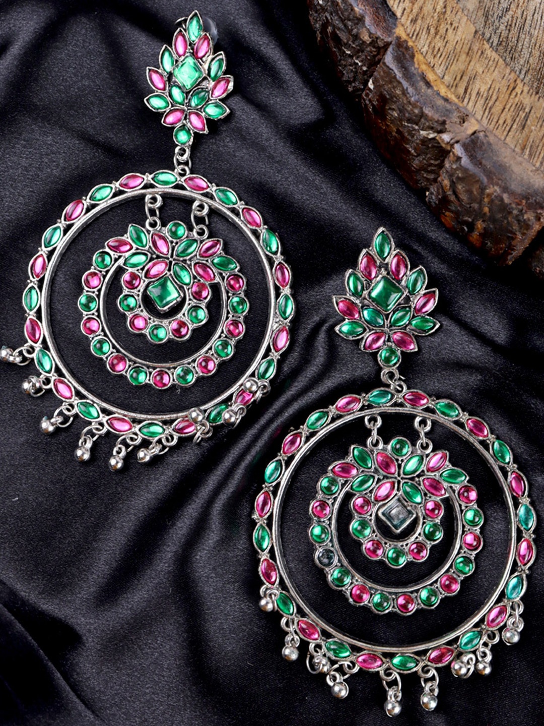 

Krelin Silver-Toned & Green Circular Drop Earrings