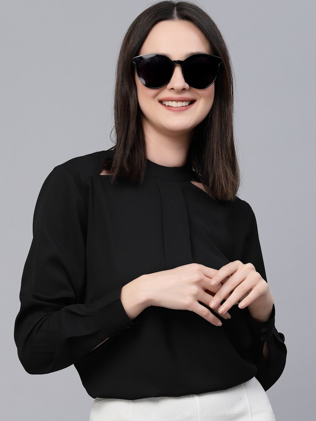 

Style Quotient Black High Neck Cuffed Sleeves Cut Out Top