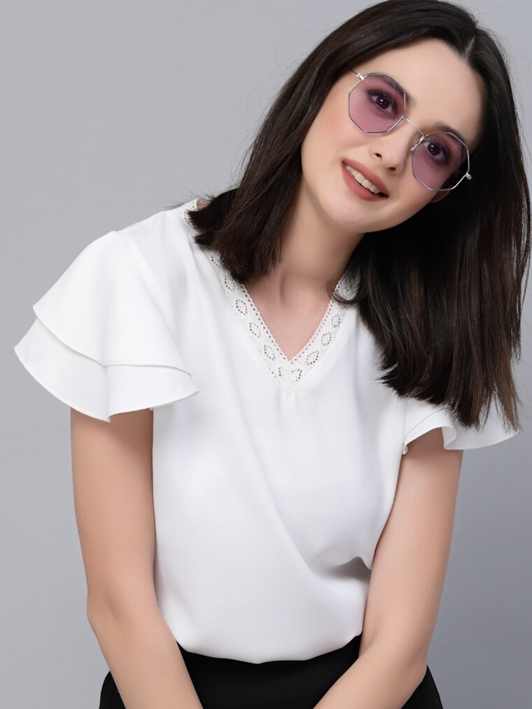 

Style Quotient V-Neck Flutter Sleeves Blouson Top, White